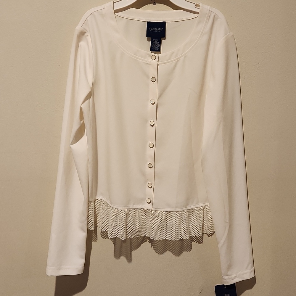 ❤️ NWT! DONCASTER COLLECTION WHITE BUTTON DOWN MESH HEM TOP / BLOUSE, 10